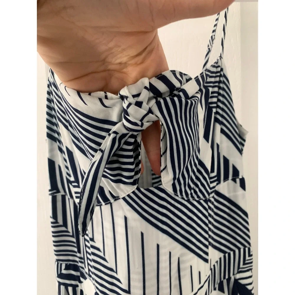 Yumi Kim Navy White Geometric Stripe Tie Front Midi Dress XS Pocket Smocked Back - Picture 7 of 13